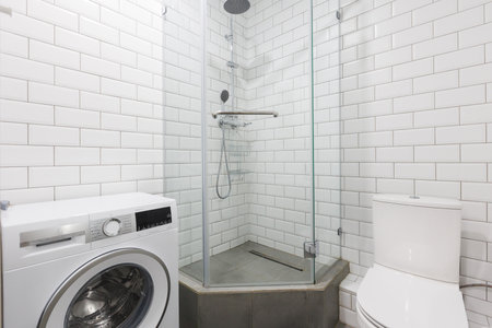 modern bathroom room with toilet and washing machine