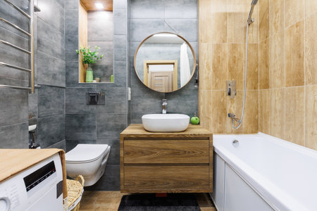 modern bathroom room with toilet and washing machineの写真素材