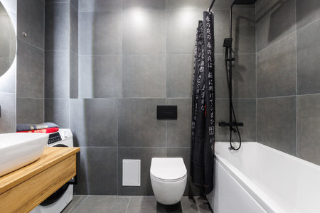 modern bathroom room with toilet and washing machineの写真素材