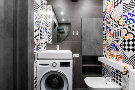 modern bathroom room with toilet and washing machine
