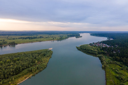 Aerial view of the Vistula river in Poland at sunset.の写真素材