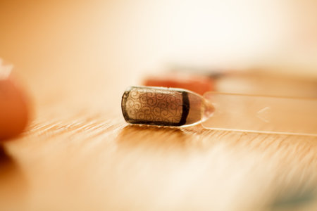 Closeup of a syringe on a wooden surface with blurred backgroundの写真素材