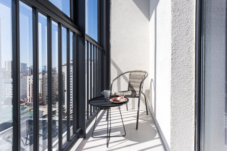 the balcony of an apartment on the upper floors of an apartment buildingの写真素材