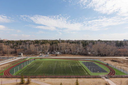 Aerial view of a soccer field in a sunny spring day.の写真素材