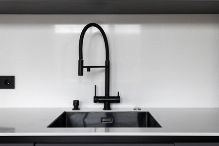 kitchen faucet on a stylish metal sinkの写真素材