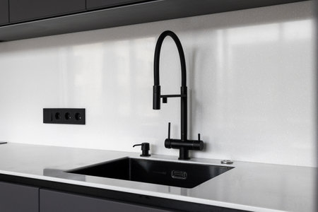 kitchen faucet on a stylish metal sinkの写真素材