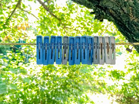 Old clothespins hang on a rope stretched on a tree. On a green blurred background.の写真素材