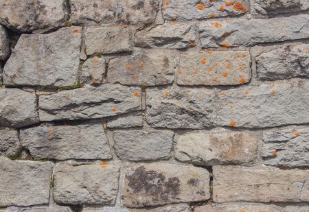 Brick wall overgrown with grass and moss. Pledged window with red brick.の写真素材