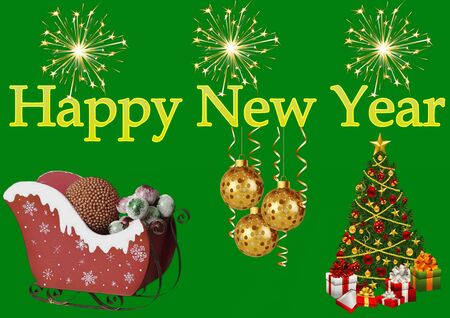 Greeting Card Design Template with New Year's toys and fireworks. Vector illustration of christmas background. Santa Claus sleigh and Christmas tree with gifts. On a green backgroundの写真素材