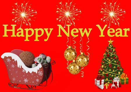 Greeting Card Design Template with New Year's toys and fireworks. Vector illustration of christmas background. Santa Claus sleigh and Christmas tree with gifts. On a red backgroundの写真素材