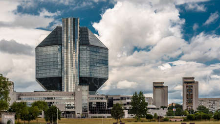 MINSK, BELARUS - Jul. 01, 2017: National Belarusian Library against a cloudy skyのeditorial素材