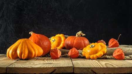 atristic autumn rustic still life. ripe pumpkins with squash and physalis on a rough burlap and...