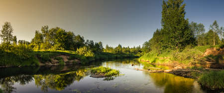 Tranquil summer evening landscape. a picturesque panoramic view of the river with hilly wooded banks, lush coastal vegetation, grass, snags in the water, and a sunset glow to the left in clear skyの写真素材