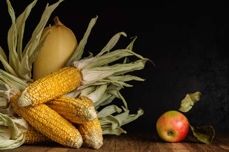 husked corn cobs with leaf in stack with zucchini and apple on a wooden surface against a background of black concrete plaster. front side view. autumn conceptual dark still life in rustic style with copy spaceの写真素材