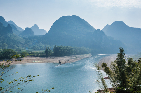 Karst mountains and Lijiang River scenery in the mistの写真素材