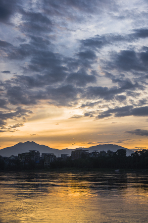 The sunrise scenery at lijiang lake, China.の写真素材