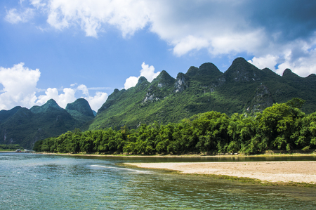 Li River scenery and karst mountains landscape, Guilin, Chinaの写真素材