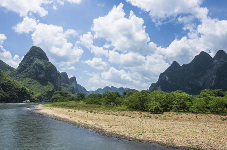 Li River scenery and karst mountains landscape, Guilin, Chinaの写真素材
