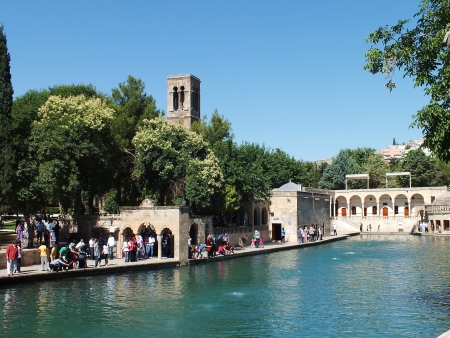 Balikli Gol is a holy site in Sanliurfa where the father of all monotheistic religions, Abraham, is said to have been thrown into a lake of fire  It is overlooked by the Abdurrahman Mosque which is believed to be converted from a church by Eyyubi invadersのeditorial素材