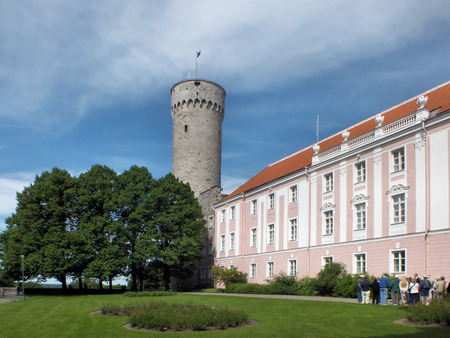 The Pikk Hermann tower stands at the south-western corner of Toompea Castle in Tallinn  It is thought to have been built in 1371  The Estonian national flag was first seen here after years of Soviet occupation on 24 February 1989 のeditorial素材