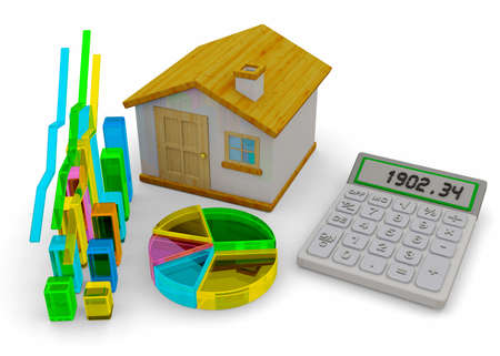 Home, graph and calculator on white backgroundの写真素材