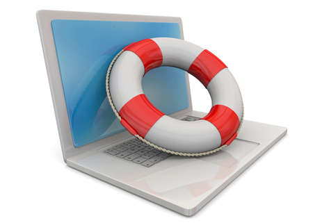 Computer and life buoy on white backgroundの写真素材