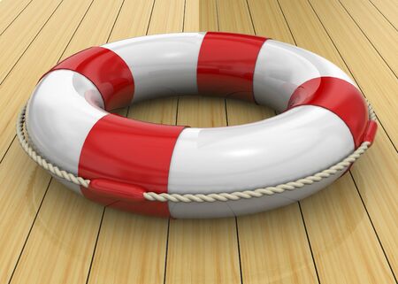Life Buoy on Wood Floorの写真素材