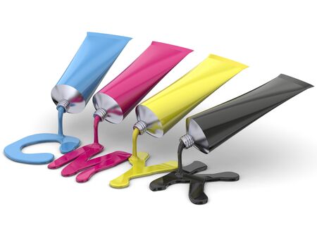 Tubes of CMYK ink on white backgroundの写真素材
