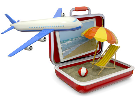 Beach chair, umbrella, life buoy, suitcase, airplane and sandの写真素材