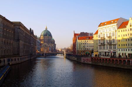 The Spree river towards the Berlin Dom cathedralの写真素材