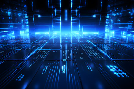 Technology big data futuristic background. Digital network connection blue light. Internet speed server.の素材