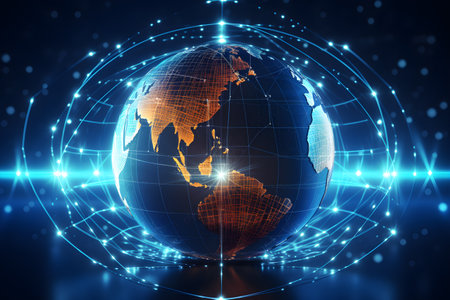 Global network connection technology background. World map big data internet business. Generative AI.の素材