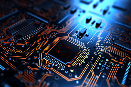 Computer circuit board technology background. Motherboard digital chip. Generative AI.の素材