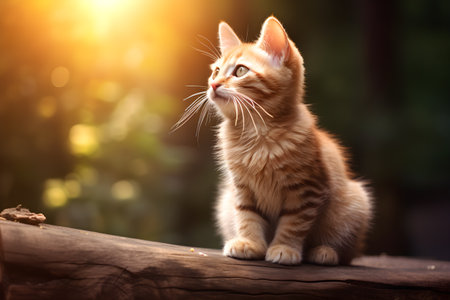 Cute cat sitting on the wood with nature background. Generative AI.の素材