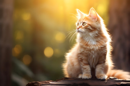 Cute cat sitting on the wood with nature background. Generative AI.の素材