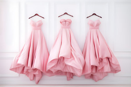 Pink dresses hang on hangers on white wall background. Generative AI.の素材