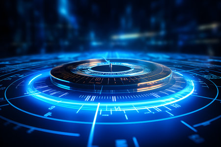 Technology big data futuristic background. Digital network circle connection blue light. Internet speed server. Generative AI.の素材