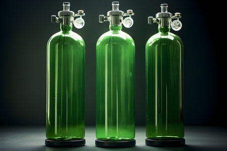Green oxygen cylinders tank. Medical and healthcare equipment. Generative AI.の素材