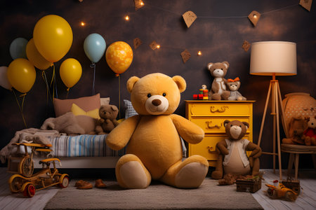 Children bedroom with furniture and toys. Kid interior design. Generative AI.の素材