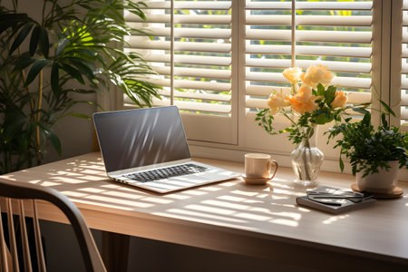 Minimal home working room interior with laptop and accessories on desk. Workplace beside the window. Generative AI.の素材