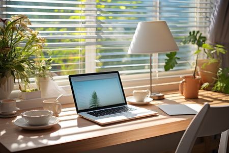 Minimal home working room interior with laptop and accessories on desk. Workplace beside the window. Generative AI.の素材