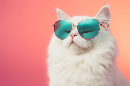 Cute funny white cat wearing sunglasses on soft color background. Generative AI.の素材