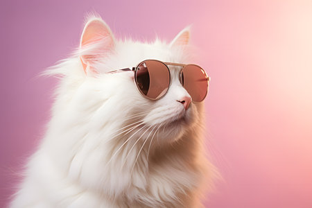 Cute funny white cat wearing sunglasses on soft color background. Generative AI.の素材