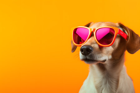 Cute funny dog wearing sunglasses on color background. Generative AI.の素材