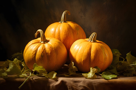Three orange pumpkin background. Generative AI.の素材