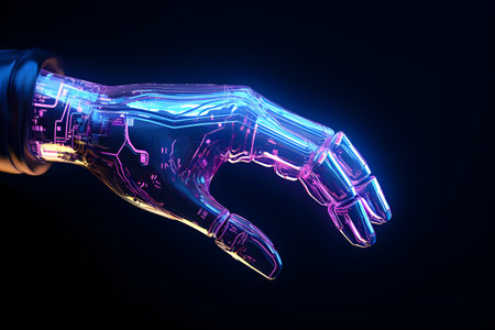 Robot cyborg hand on dark background. AI futuristic technology concept. Generative AI.の素材
