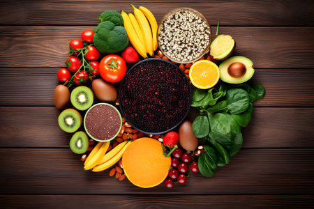 Vegetable on wooden table background.Healthy food. Generative AI.の素材