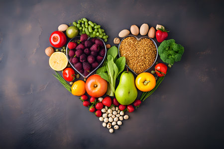 Vegetable on grey background.Healthy food heart shape. Generative AI.の素材