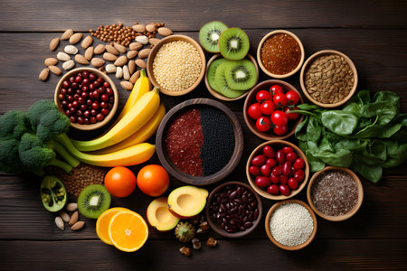 Vegetable on wooden table background.Healthy food. Generative AI.の素材