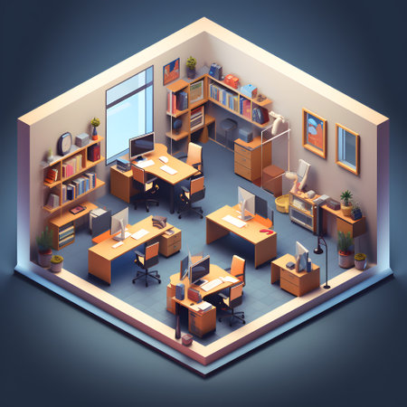 Office room interior. Workplace isometric 3d style. Generative AI.の素材
